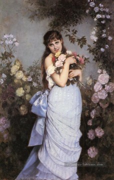 Une jeune femme dans une roseraie Auguste Toulmouche classique fleurs Peinture à l'huile